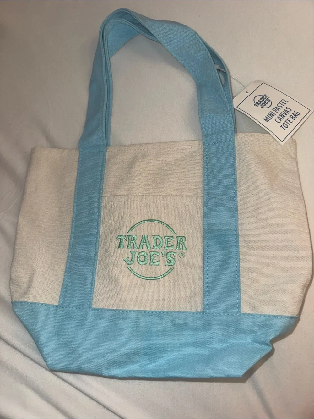 Trader Joe’s Limited Edition Mini Canvas Tote Bag in Light Blue and Natural